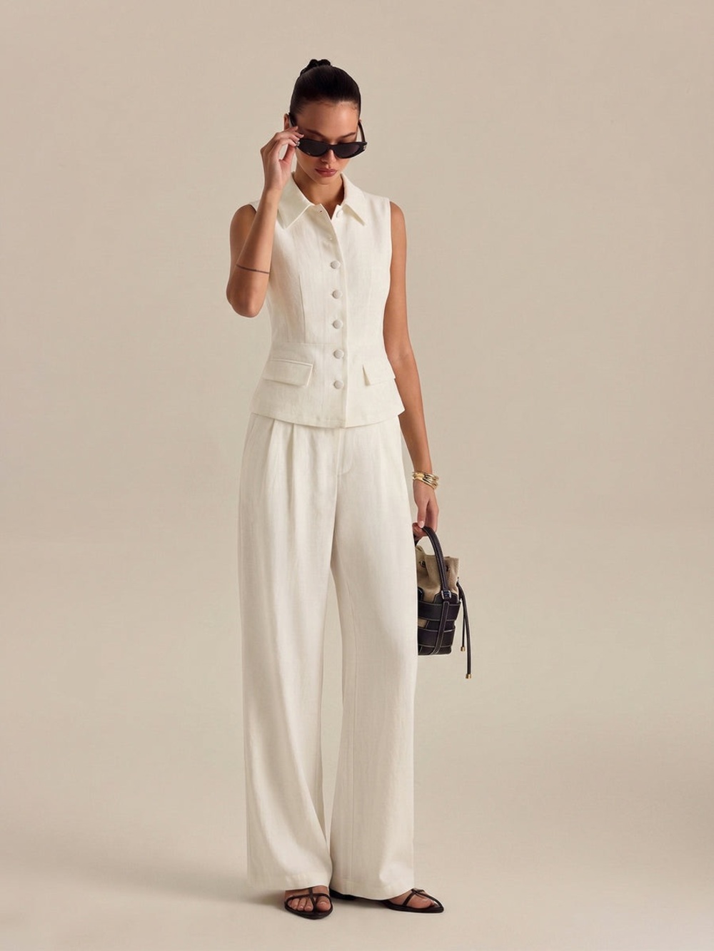 Commense White Sleeveless Button Vest with Wide-Leg Pants